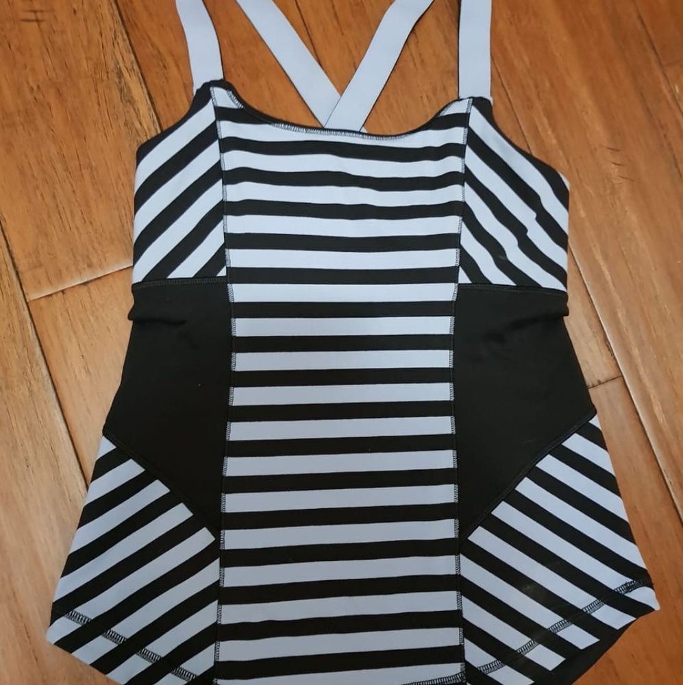 Purple/black striped women's exercise tank top. S